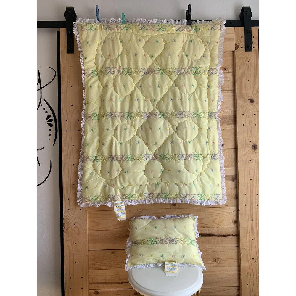 Downlon‎ Vintage 50's 60's New Baby Blanket Set Yellow Flower Ribbon Lace